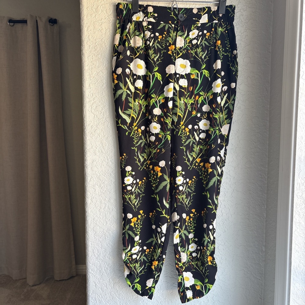 Cabi Women S‎ Floral Print Pants Elastic Waist Trousers Black Botanical Chi Chi